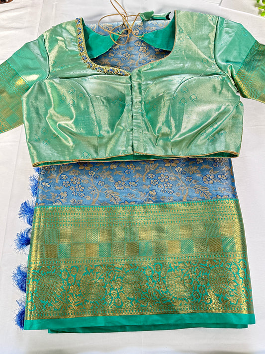 Kanjeevaram Semi Silk Saree with stitched maggam work blouse Blue