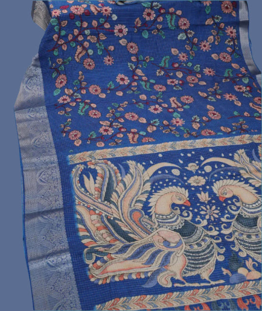 Elegant Semi Tussar Silk Saree with Zari Checks, Kalamkari Print & Woven Border – Blue Saree