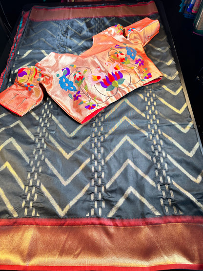 Soft Silk Banarasi Saree with Zari Design & Embroidery Stitched Blouse. Weaving Pallu – Ships from USA – Traditional Silk Saree for Weddings & Festivals-Red Saree