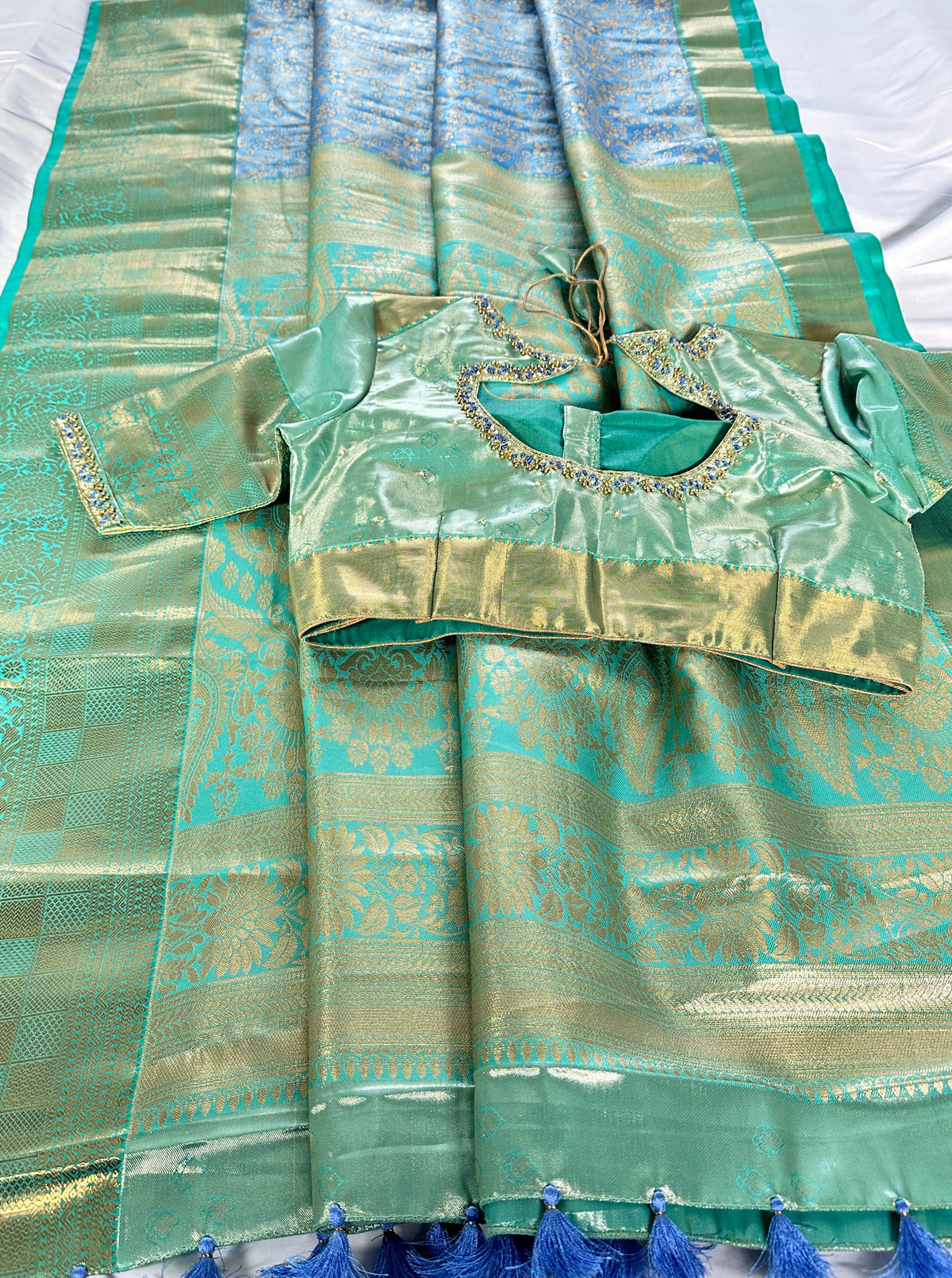Kanjeevaram Semi Silk Saree with stitched maggam work blouse Blue