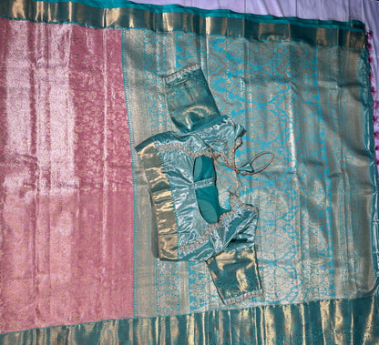 Kanjeevaram Semi Silk Saree with stitched maggam work blouse Peach