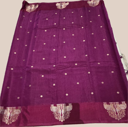 Semi Tussar Soft Silk Saree with Zari-Woven Buttas & Elephant Design Border Purple | Elegant Wedding & Festive Saree – Fast Shipping from USA