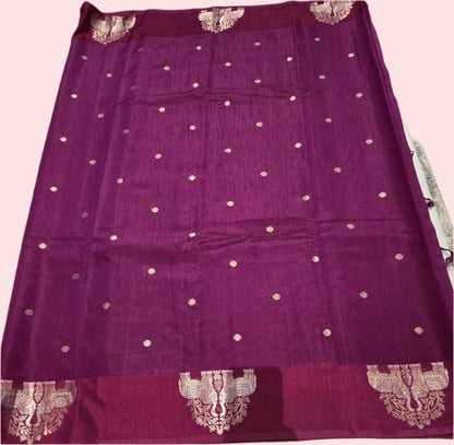 Semi Tussar Soft Silk Saree with Zari-Woven Buttas & Elephant Design Border Purple | Elegant Wedding & Festive Saree – Fast Shipping from USA
