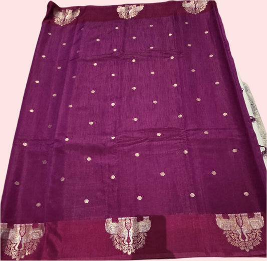Semi Tussar Soft Silk Saree with Zari-Woven Buttas & Elephant Design Border Purple | Elegant Wedding & Festive Saree – Fast Shipping from USA
