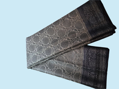 Dark Navy Blue and Light Grey Soft Georgette Banarasi Silk Saree
