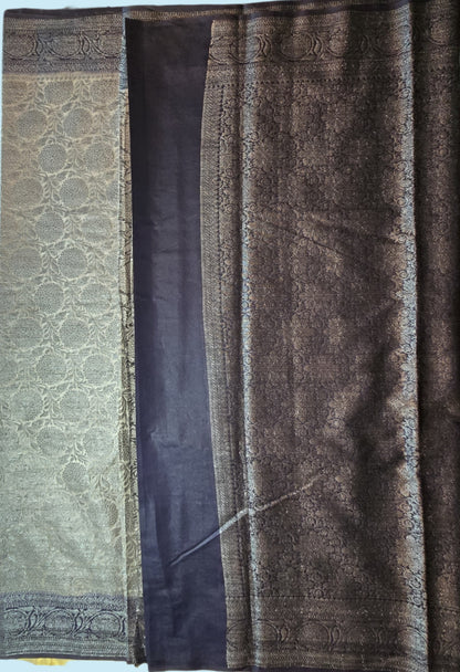 Dark Navy Blue and Light Grey Soft Georgette Banarasi Silk Saree