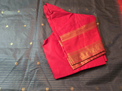 Lightweight Soft Silk Saree in Drak Grey with Red Paithani Border – Stitched with Blouse Included