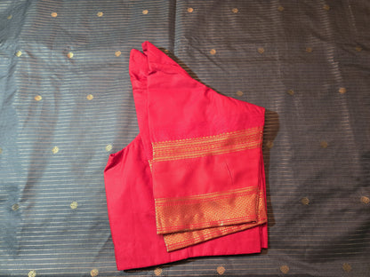 Lightweight Soft Silk Saree in Drak Grey with Red Paithani Border – Stitched with Blouse Included