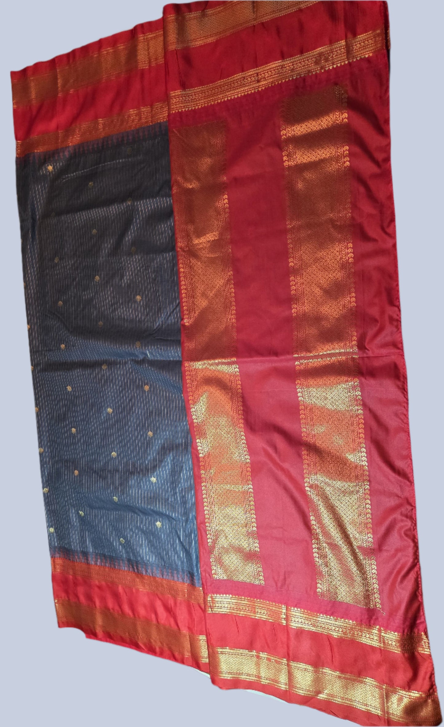 Lightweight Soft Silk Saree in Drak Grey with Red Paithani Border – Stitched with Blouse Included