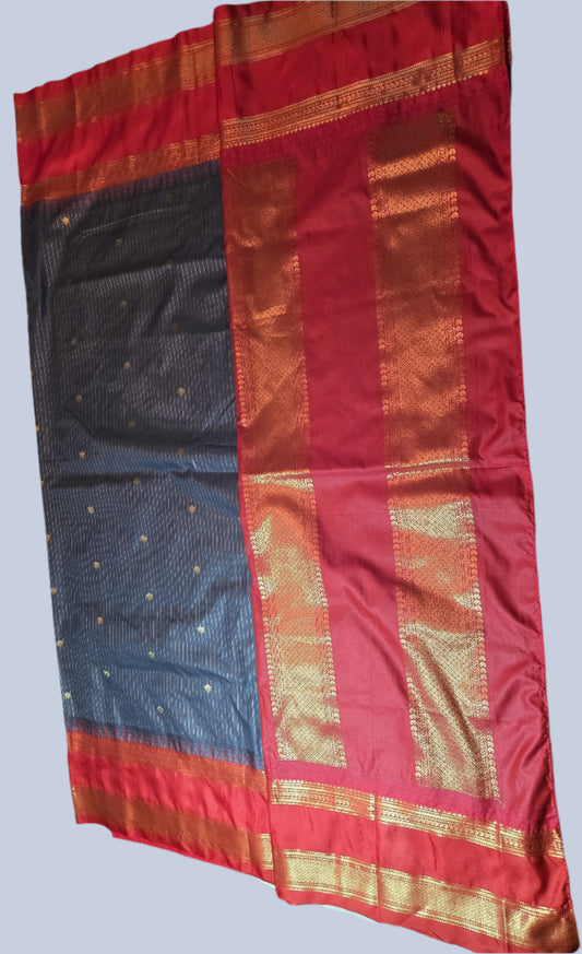 Lightweight Soft Silk Saree in Drak Grey with Red Paithani Border – Stitched with Blouse Included