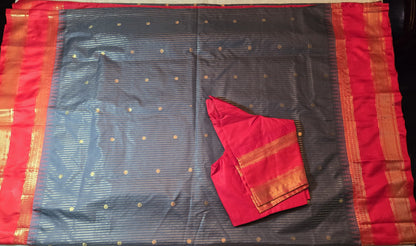 Lightweight Soft Silk Saree in Drak Grey with Red Paithani Border – Stitched with Blouse Included