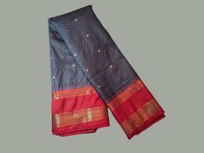 Lightweight Soft Silk Saree in Drak Grey with Red Paithani Border – Stitched with Blouse Included