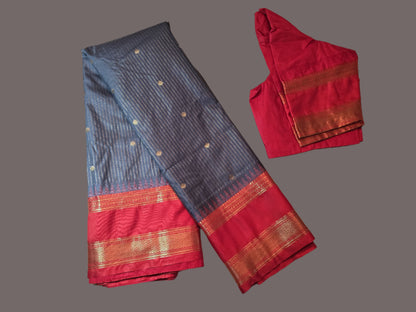 Lightweight Soft Silk Saree in Drak Grey with Red Paithani Border – Stitched with Blouse Included