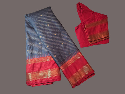 Lightweight Soft Silk Saree in Drak Grey with Red Paithani Border – Stitched with Blouse Included