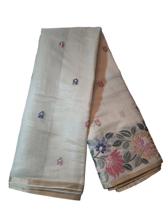 Ivory Chappa Silk Saree with Multicolor Floral Embroidery – Lightweight Festive Wear| Onam Saree USA