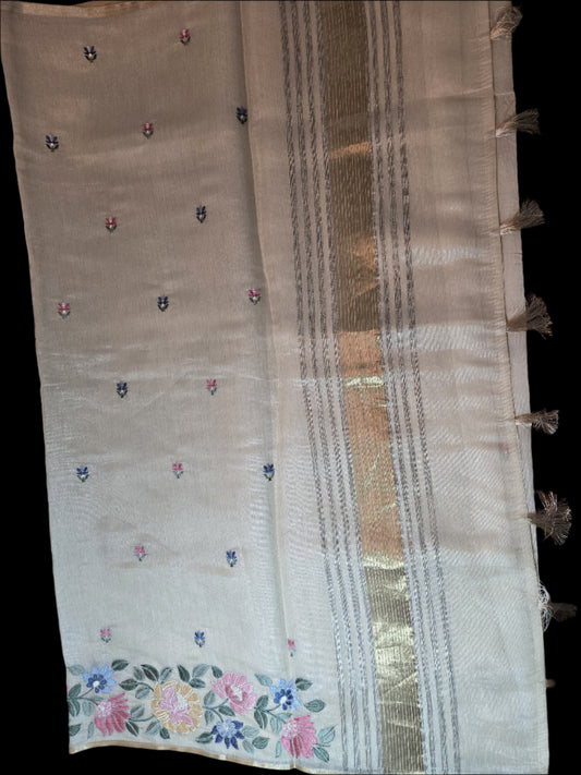 Ivory Chappa Silk Saree with Multicolor Floral Embroidery – Lightweight Festive Wear| Onam Saree USA