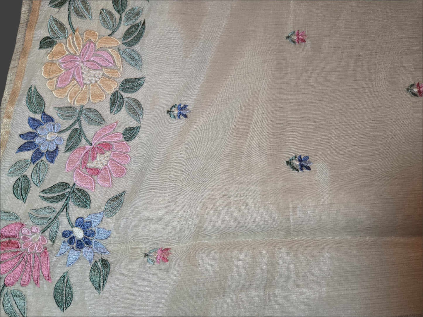 Ivory Chappa Silk Saree with Multicolor Floral Embroidery – Lightweight Festive Wear| Onam Saree USA