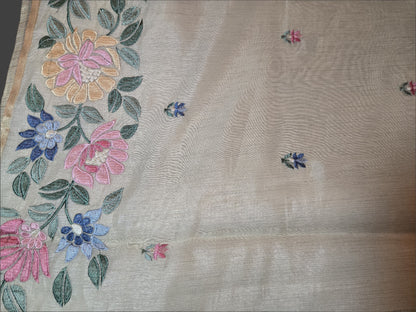 Ivory Chappa Silk Saree with Multicolor Floral Embroidery – Lightweight Festive Wear| Onam Saree USA