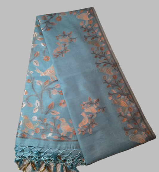 Handloom Khadi Cotton Silk Jamdani Saree – Lightweight & Elegant Traditional Weave Embroidery- Blue