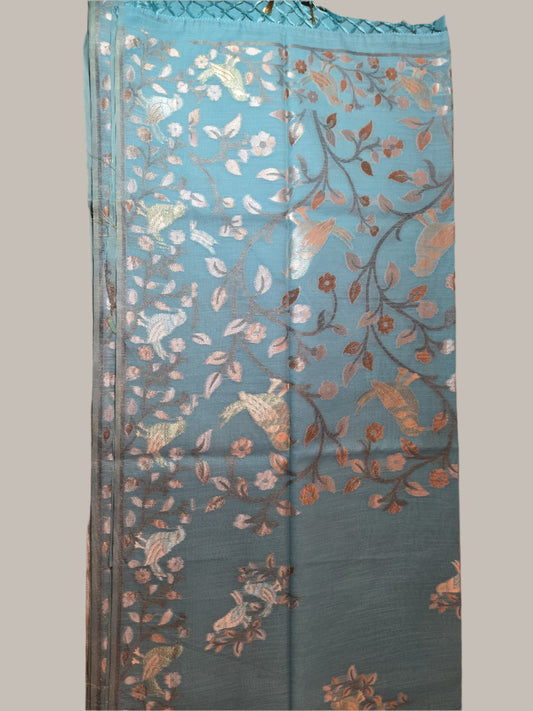 Handloom Khadi Cotton Silk Jamdani Saree – Lightweight & Elegant Traditional Weave Embroidery- Blue
