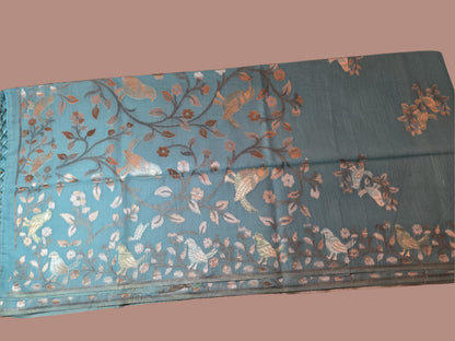 Handloom Khadi Cotton Silk Jamdani Saree – Lightweight & Elegant Traditional Weave Embroidery- Blue