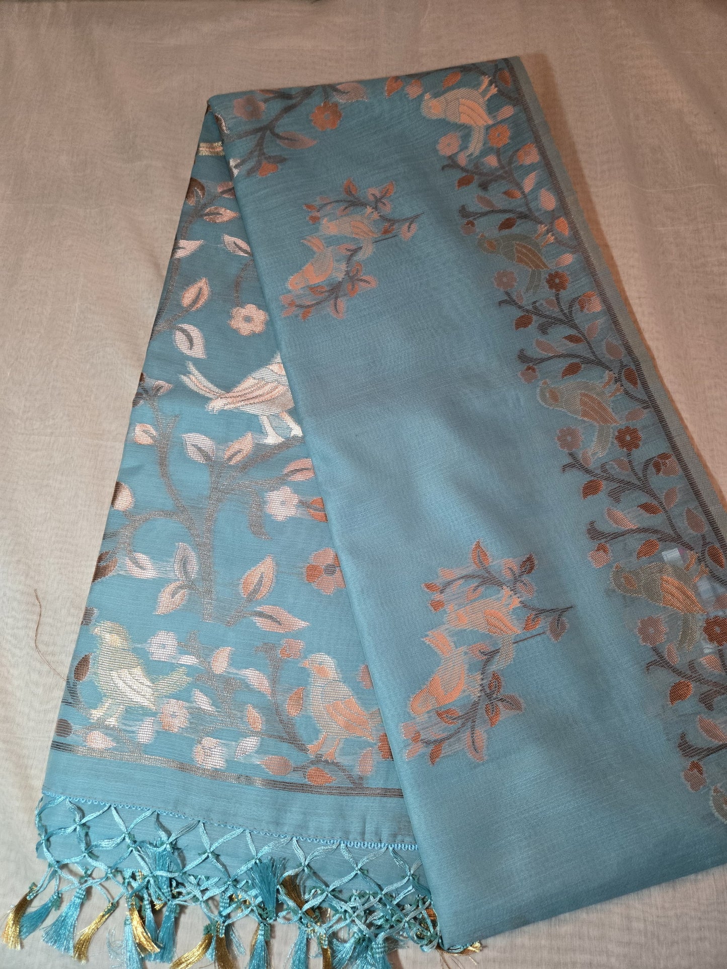 Handloom Khadi Cotton Silk Jamdani Saree – Lightweight & Elegant Traditional Weave Embroidery- Blue