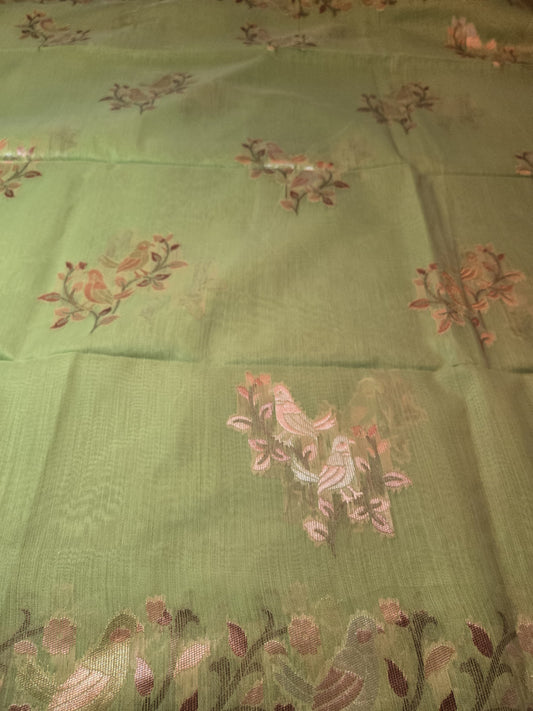 Handloom Khadi Cotton Silk Jamdani Saree – Lightweight & Elegant Traditional Weave Embroidery-Parrot Green-