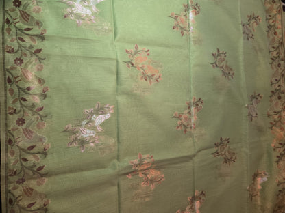 Handloom Khadi Cotton Silk Jamdani Saree – Lightweight & Elegant Traditional Weave Embroidery-Parrot Green-