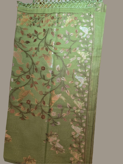 Handloom Khadi Cotton Silk Jamdani Saree – Lightweight & Elegant Traditional Weave Embroidery-Parrot Green-
