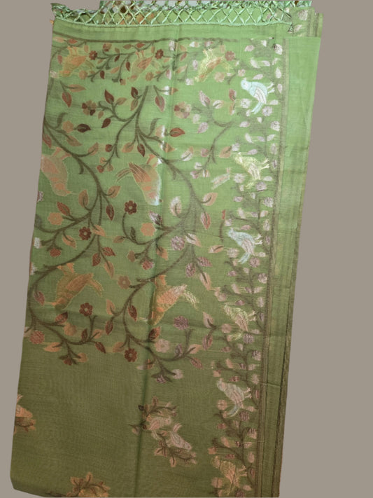 Handloom Khadi Cotton Silk Jamdani Saree – Lightweight & Elegant Traditional Weave Embroidery-Parrot Green-