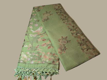 Handloom Khadi Cotton Silk Jamdani Saree – Lightweight & Elegant Traditional Weave Embroidery-Parrot Green-