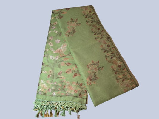 Handloom Khadi Cotton Silk Jamdani Saree – Lightweight & Elegant Traditional Weave Embroidery-Parrot Green-