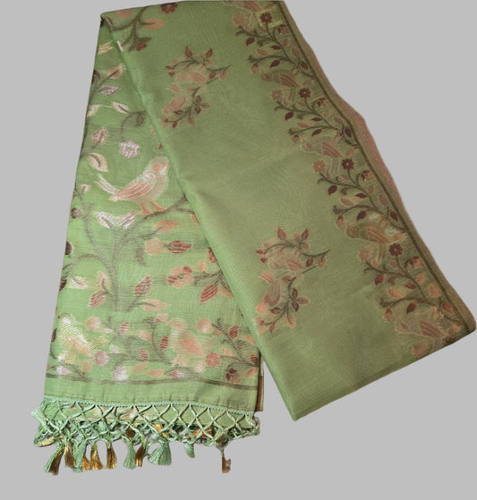 Handloom Khadi Cotton Silk Jamdani Saree – Lightweight & Elegant Traditional Weave Embroidery-Parrot Green-