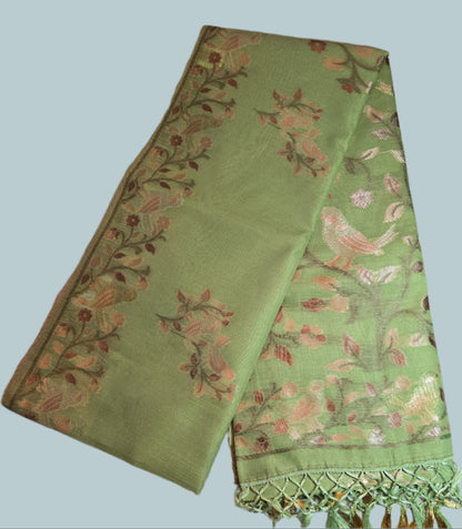 Handloom Khadi Cotton Silk Jamdani Saree – Lightweight & Elegant Traditional Weave Embroidery-Parrot Green-