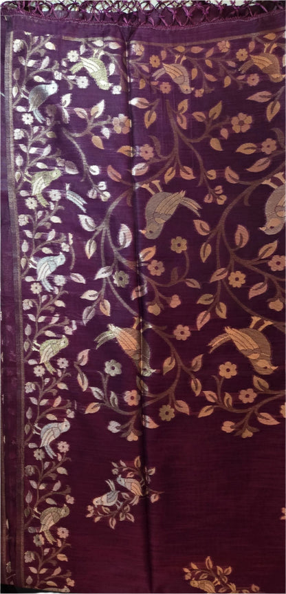 Handloom Khadi Cotton Silk Jamdani Saree – Lightweight & Elegant Traditional Weave Embroidery-wine