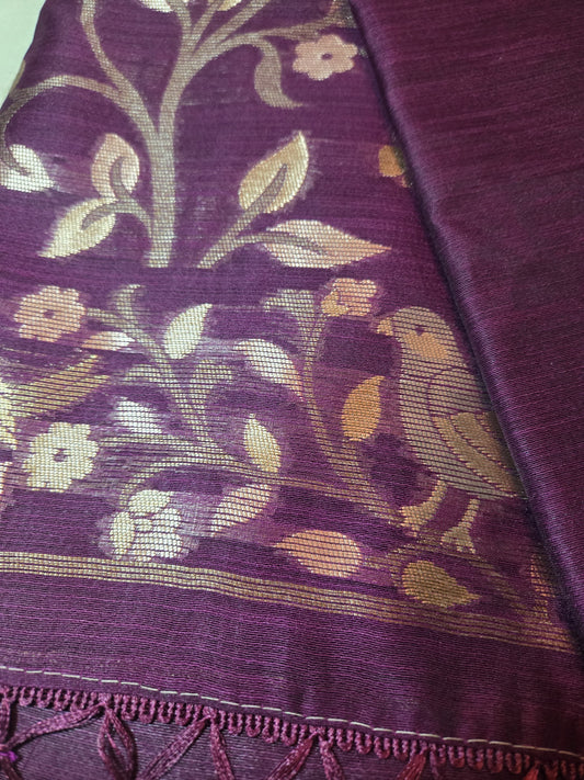 Handloom Khadi Cotton Silk Jamdani Saree – Lightweight & Elegant Traditional Weave Embroidery-wine