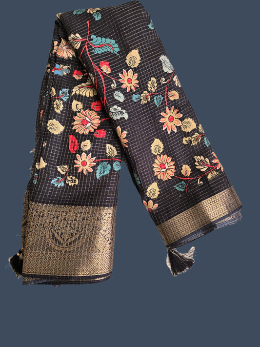 Semi Tussar Silk Saree with Allover Zari Checked Pattern, Kalamkari Prints & Zari Woven Border – Black