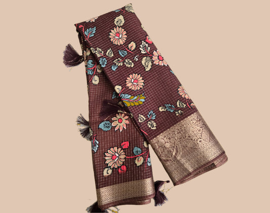 Semi Tussar Silk Saree with Zari Checked Pattern, Kalamkari Prints & Woven Zari Border –  Brown