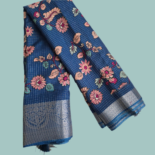 Elegant Semi Tussar Silk Saree with Zari Checks, Kalamkari Print & Woven Border – Blue Saree