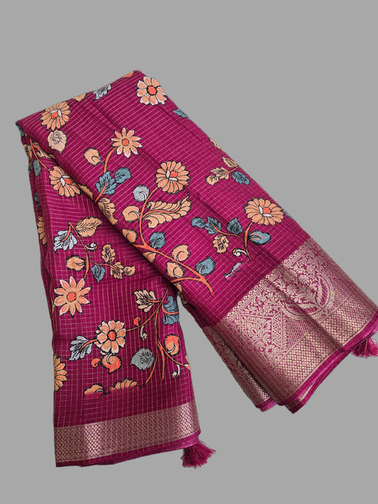 Semi Tussar Silk Saree with Zari Checked Pattern, Kalamkari Prints & Woven Zari Border –dark magenta