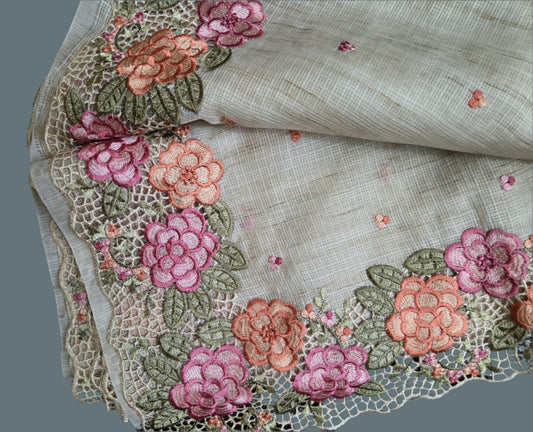Kota Silk Saree with Embroidery and Cutwork Borders – Lightweight & Breathable