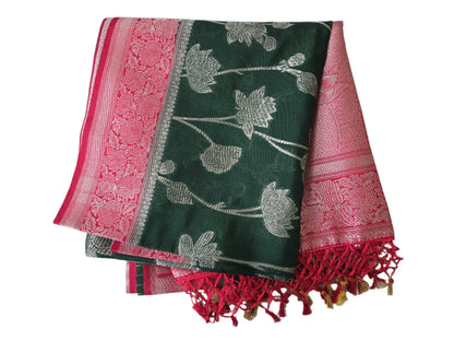 Soft Silk Sarees USA| Elegant Resham Semi Silk Saree with Running Blouse – Lightweight & Graceful Drape Bottle Green
