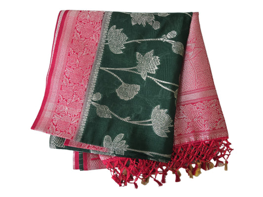 Soft Silk Sarees USA| Elegant Resham Semi Silk Saree with Running Blouse – Lightweight & Graceful Drape Bottle Green