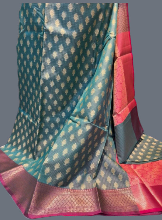 Banaras  Chanderi Kota Very Soft Silk Saree | Allover Zari Buti & Zari Border | Elegant Handwoven Saree Blue