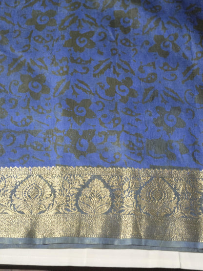 Greyish Green and Blue Semi Kanjivaram Silk Saree with Allover Batik Prints & Kanjivaram Style Border | Elegant Soft Silk Saree for Special Occasions
