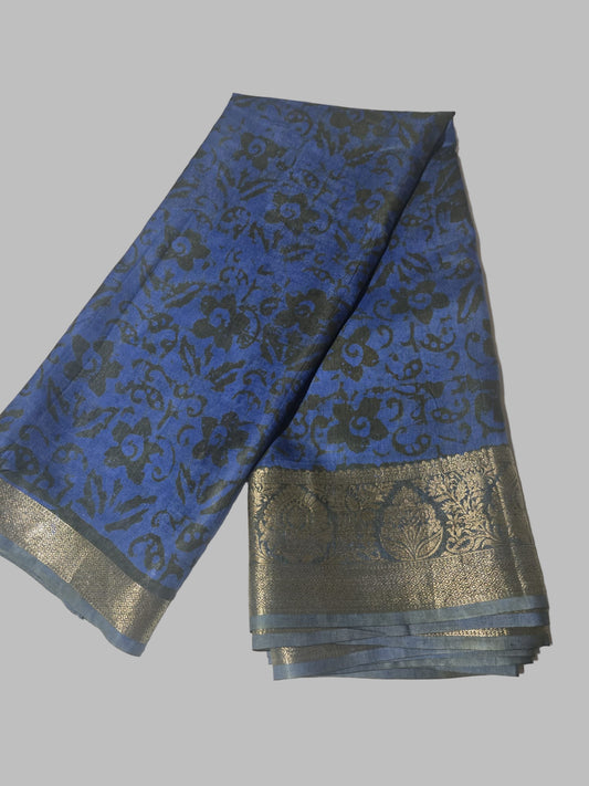 Greyish Green and Blue Semi Kanjivaram Silk Saree with Allover Batik Prints & Kanjivaram Style Border | Elegant Soft Silk Saree for Special Occasions