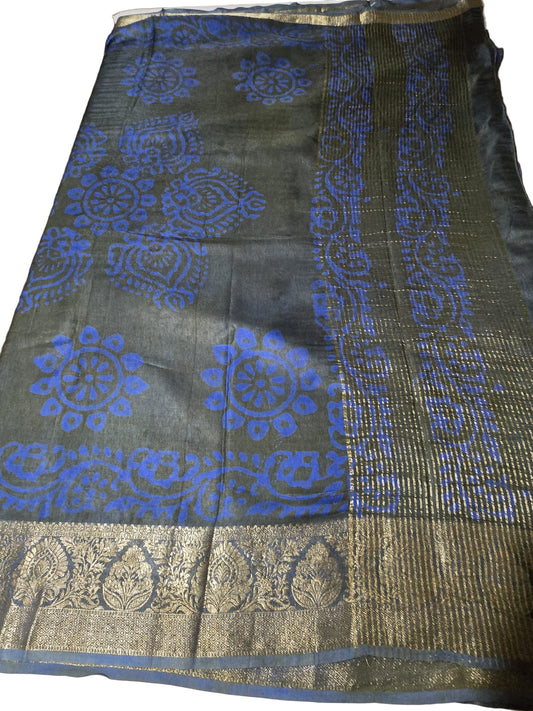 Greyish Green and Blue Semi Kanjivaram Silk Saree with Allover Batik Prints & Kanjivaram Style Border | Elegant Soft Silk Saree for Special Occasions