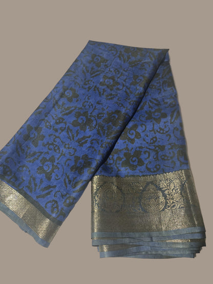Greyish Green and Blue Semi Kanjivaram Silk Saree with Allover Batik Prints & Kanjivaram Style Border | Elegant Soft Silk Saree for Special Occasions