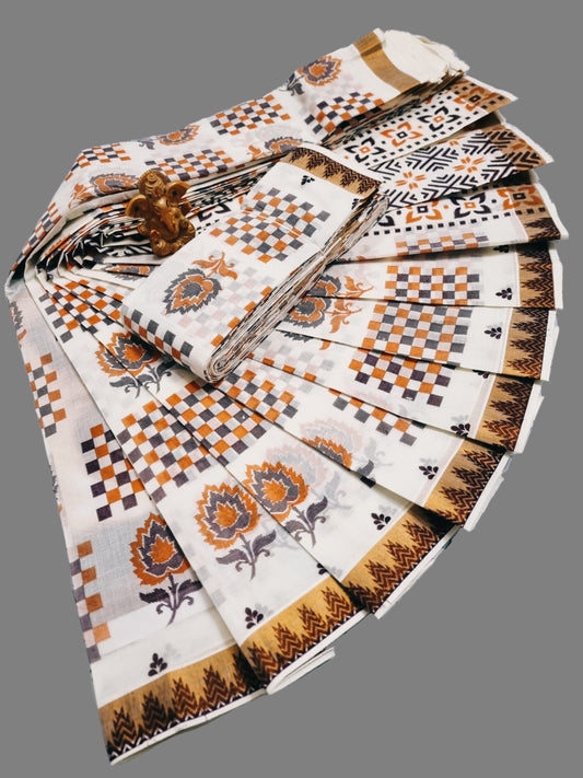 Printed Kerala Saree Pure Cotton Sarees Buy from USA  –  Buy Onam Saree online- Floral Checks Saree