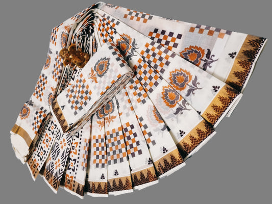 Printed Kerala Saree Pure Cotton Sarees Buy from USA  –  Buy Onam Saree online- Floral Checks Saree